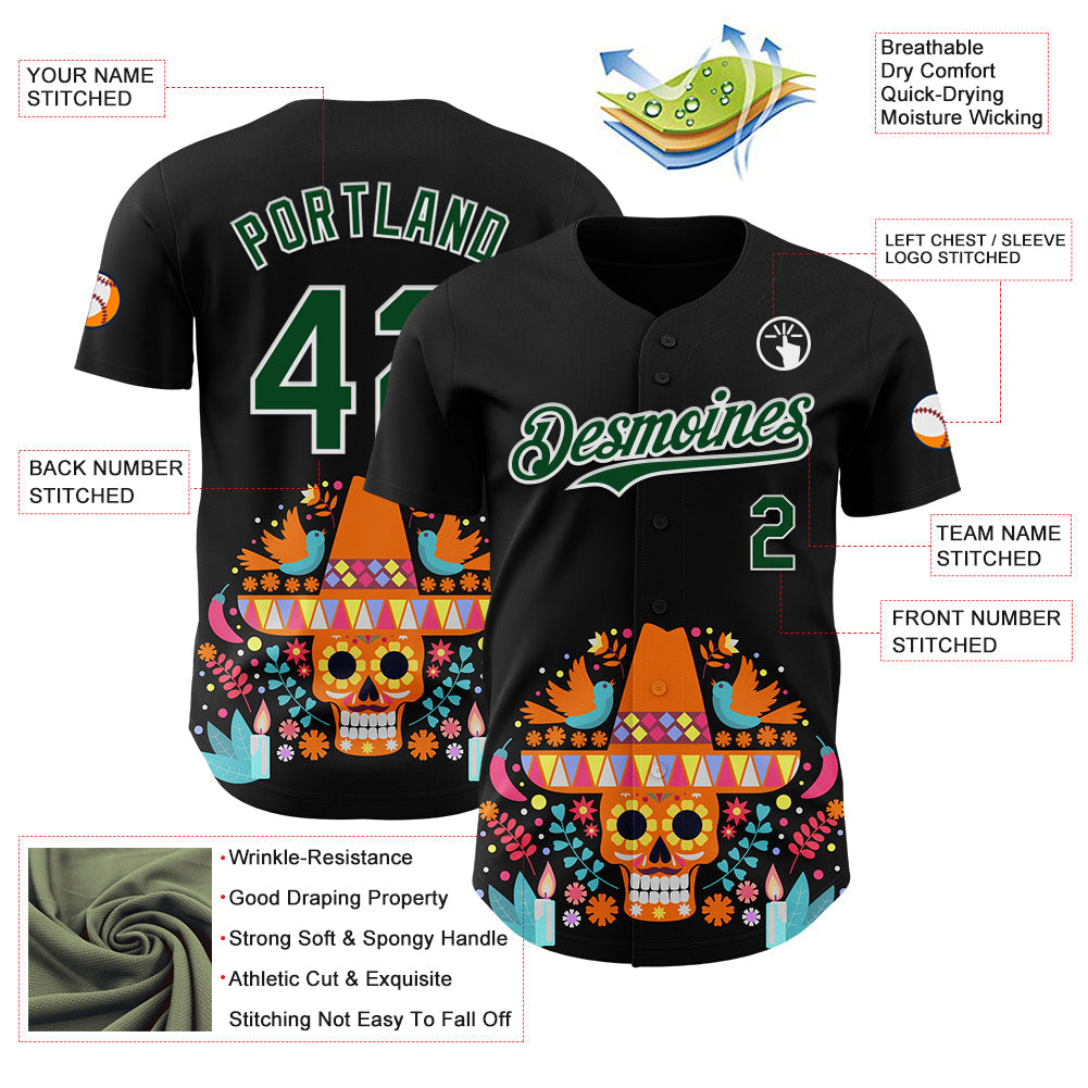 Custom Black Green-White 3D Mexican Festival Flower Skull With Sombrero Cinco de Mayo Authentic Baseball Jersey - Sky-Custom