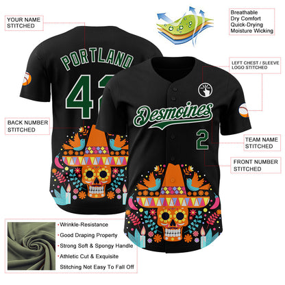 Custom Black Green-White 3D Mexican Festival Flower Skull With Sombrero Cinco de Mayo Authentic Baseball Jersey - Sky-Custom