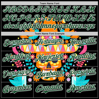 Custom Black Green-White 3D Mexican Festival Flower Skull With Sombrero Cinco de Mayo Authentic Baseball Jersey - Sky-Custom