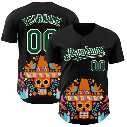 Custom Black Green-White 3D Mexican Festival Flower Skull With Sombrero Cinco de Mayo Authentic Baseball Jersey - Sky-Custom