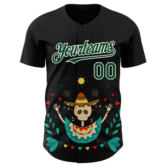 Custom Black Green-White 3D Mexican Festival Flower Skull With Sombrero Cinco de Mayo Authentic Baseball Jersey - Sky-Custom