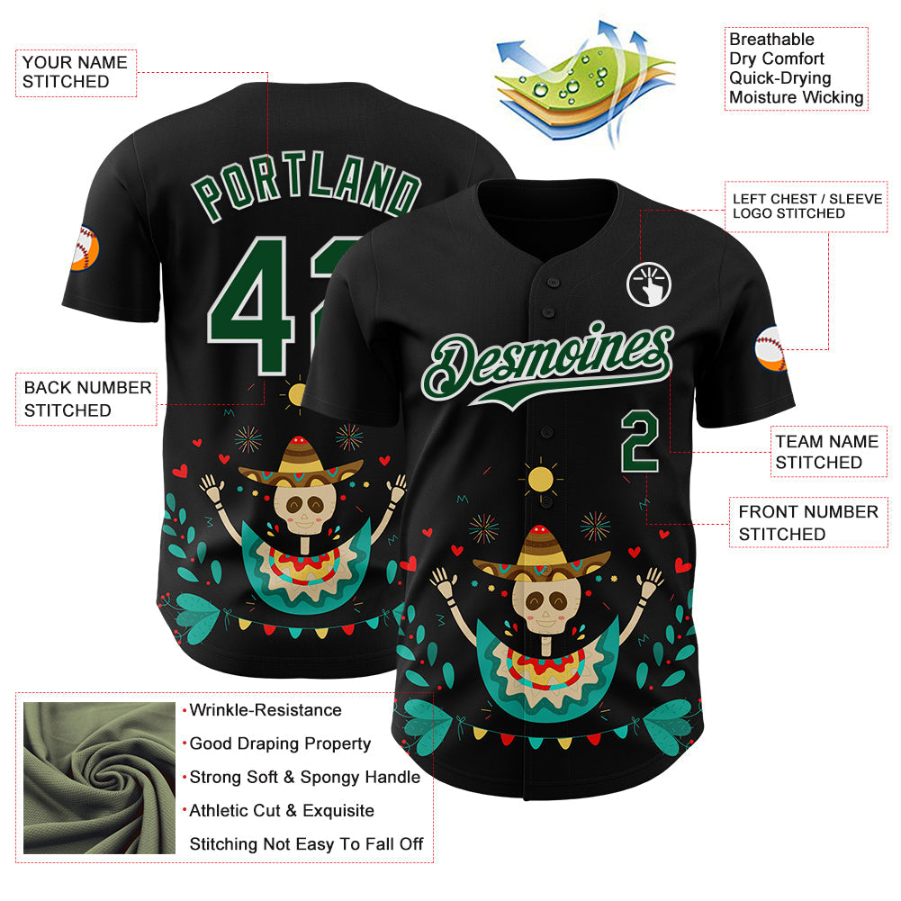 Custom Black Green-White 3D Mexican Festival Flower Skull With Sombrero Cinco de Mayo Authentic Baseball Jersey - Sky-Custom