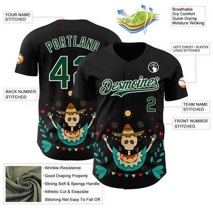 Custom Black Green-White 3D Mexican Festival Flower Skull With Sombrero Cinco de Mayo Authentic Baseball Jersey - Sky-Custom
