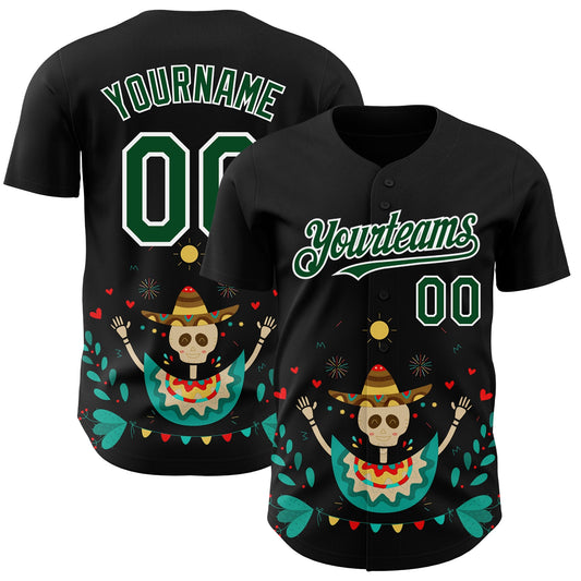 Custom Black Green-White 3D Mexican Festival Flower Skull With Sombrero Cinco de Mayo Authentic Baseball Jersey - Sky-Custom