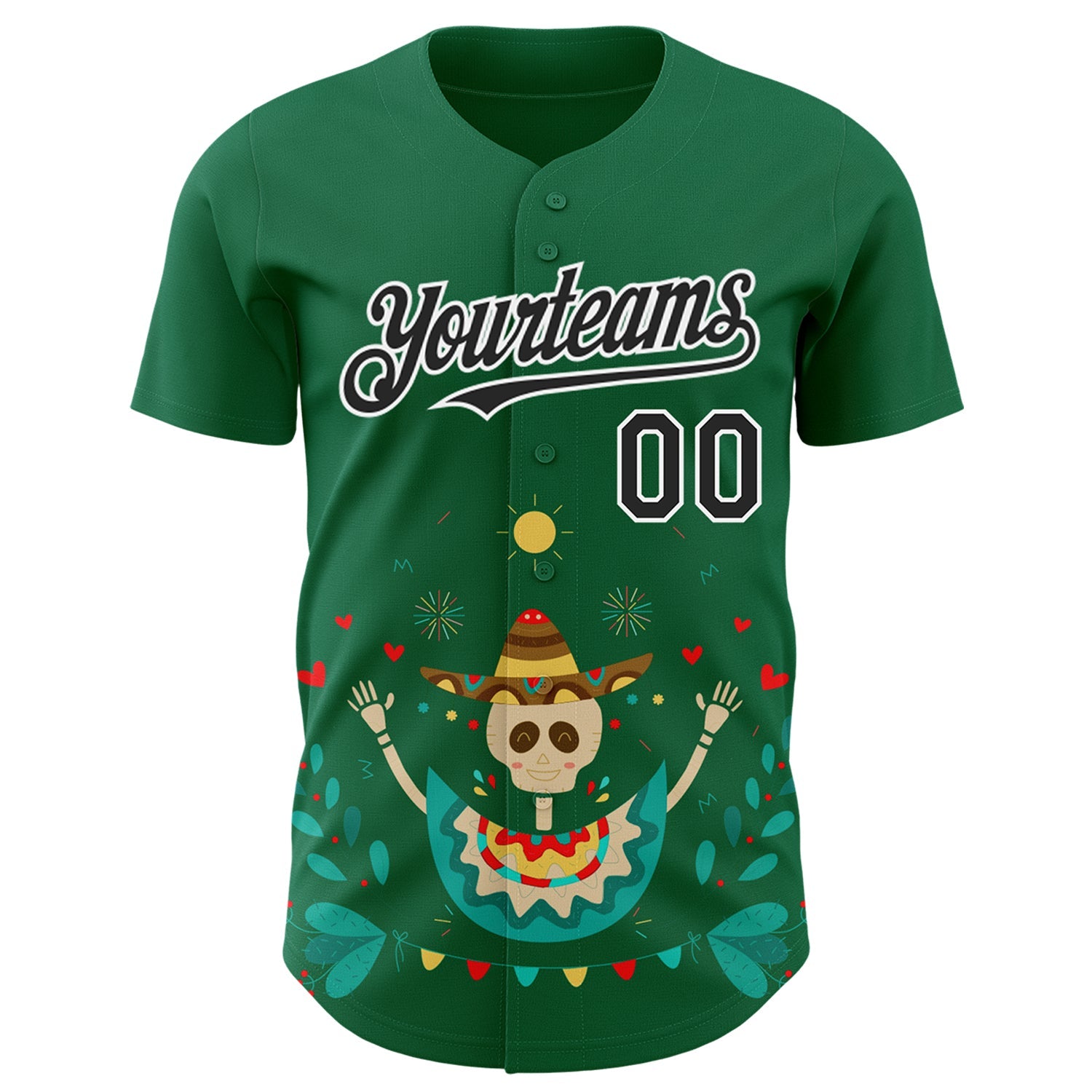 Custom Kelly Green Black-White 3D Mexican Festival Flower Skull With Sombrero Cinco de Mayo Authentic Baseball Jersey - Sky-Custom