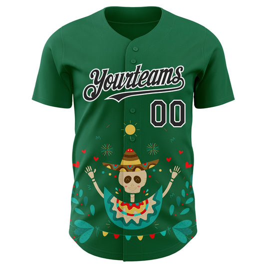 Custom Kelly Green Black-White 3D Mexican Festival Flower Skull With Sombrero Cinco de Mayo Authentic Baseball Jersey - Sky-Custom