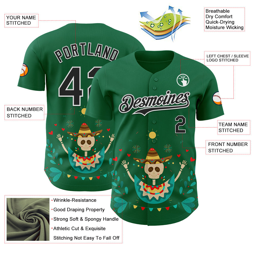 Custom Kelly Green Black-White 3D Mexican Festival Flower Skull With Sombrero Cinco de Mayo Authentic Baseball Jersey - Sky-Custom