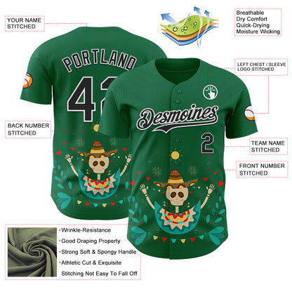 Custom Kelly Green Black-White 3D Mexican Festival Flower Skull With Sombrero Cinco de Mayo Authentic Baseball Jersey - Sky-Custom