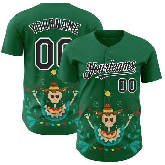 Custom Kelly Green Black-White 3D Mexican Festival Flower Skull With Sombrero Cinco de Mayo Authentic Baseball Jersey - Sky-Custom