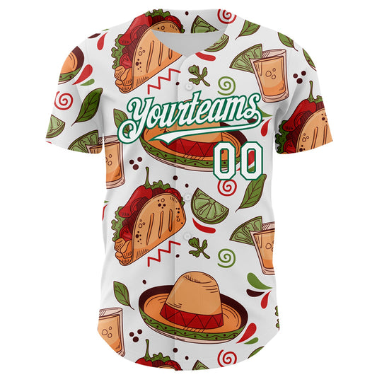 Custom White Kelly Green 3D Mexican Festival Tacos And Sombrero Cinco de Mayo Authentic Baseball Jersey - Sky-Custom