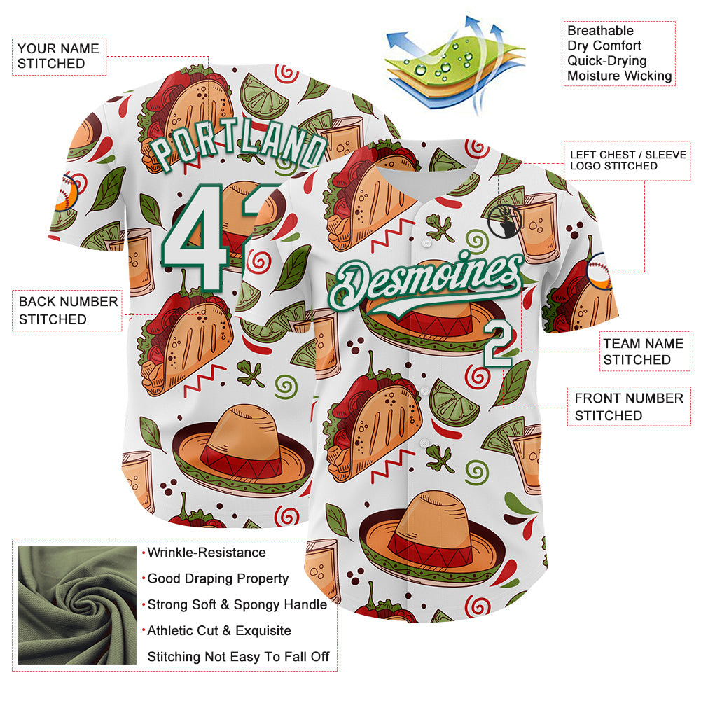 Custom White Kelly Green 3D Mexican Festival Tacos And Sombrero Cinco de Mayo Authentic Baseball Jersey - Sky-Custom