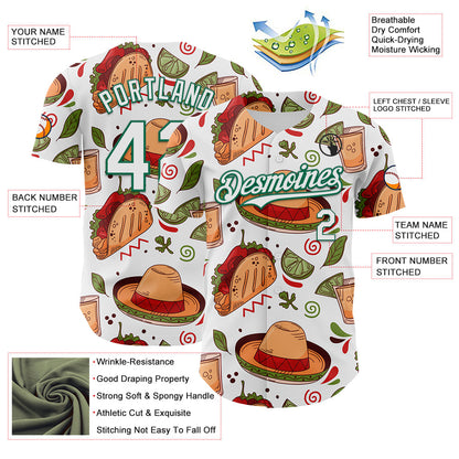 Custom White Kelly Green 3D Mexican Festival Tacos And Sombrero Cinco de Mayo Authentic Baseball Jersey - Sky-Custom