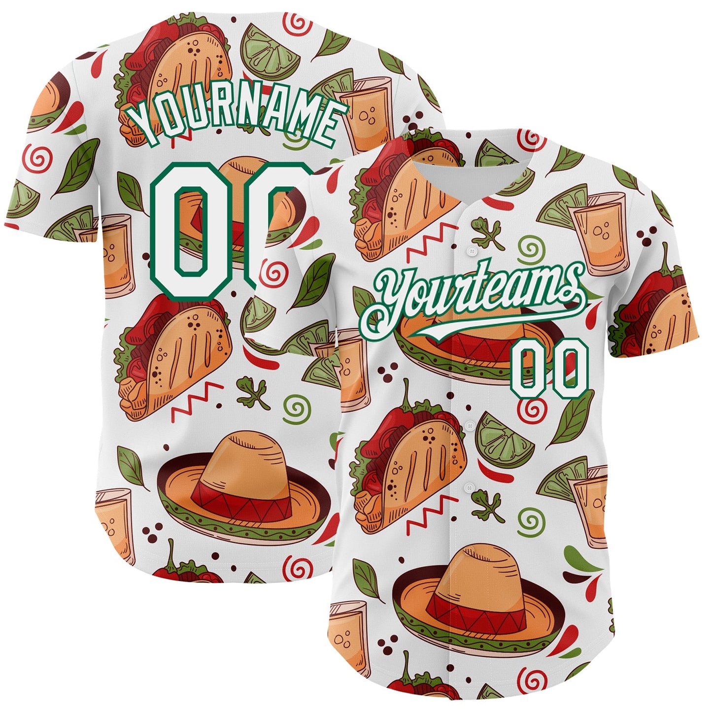 Custom White Kelly Green 3D Mexican Festival Tacos And Sombrero Cinco de Mayo Authentic Baseball Jersey - Sky-Custom