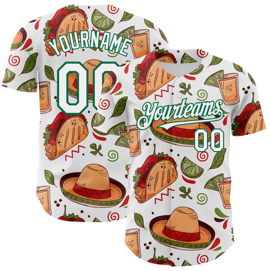 Custom White Kelly Green 3D Mexican Festival Tacos And Sombrero Cinco de Mayo Authentic Baseball Jersey - Sky-Custom