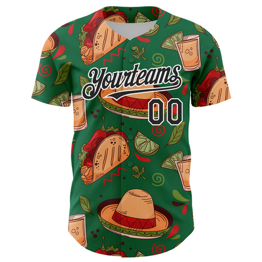 Custom Kelly Green Black-White 3D Mexican Festival Tacos And Sombrero Cinco de Mayo Authentic Baseball Jersey - Sky-Custom