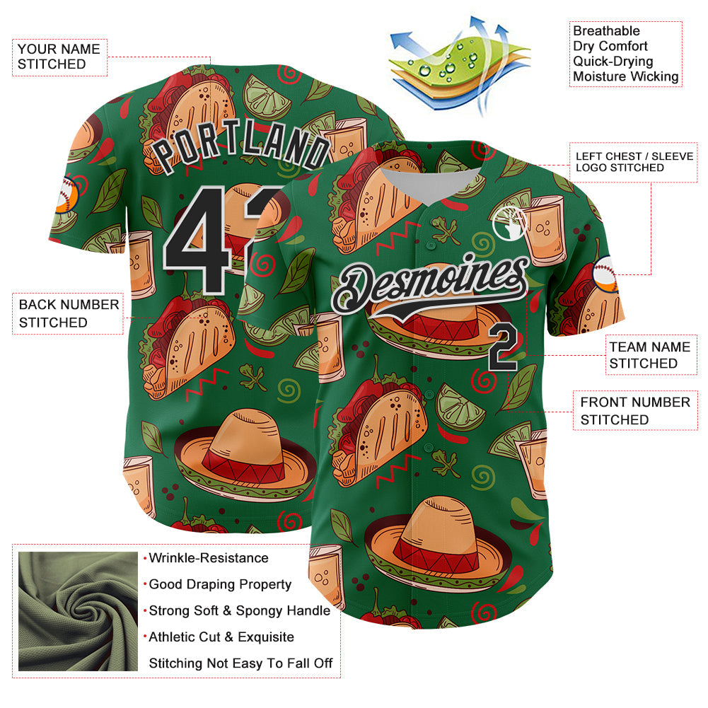 Custom Kelly Green Black-White 3D Mexican Festival Tacos And Sombrero Cinco de Mayo Authentic Baseball Jersey - Sky-Custom