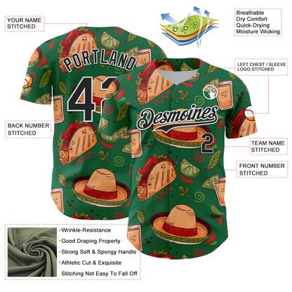 Custom Kelly Green Black-White 3D Mexican Festival Tacos And Sombrero Cinco de Mayo Authentic Baseball Jersey - Sky-Custom