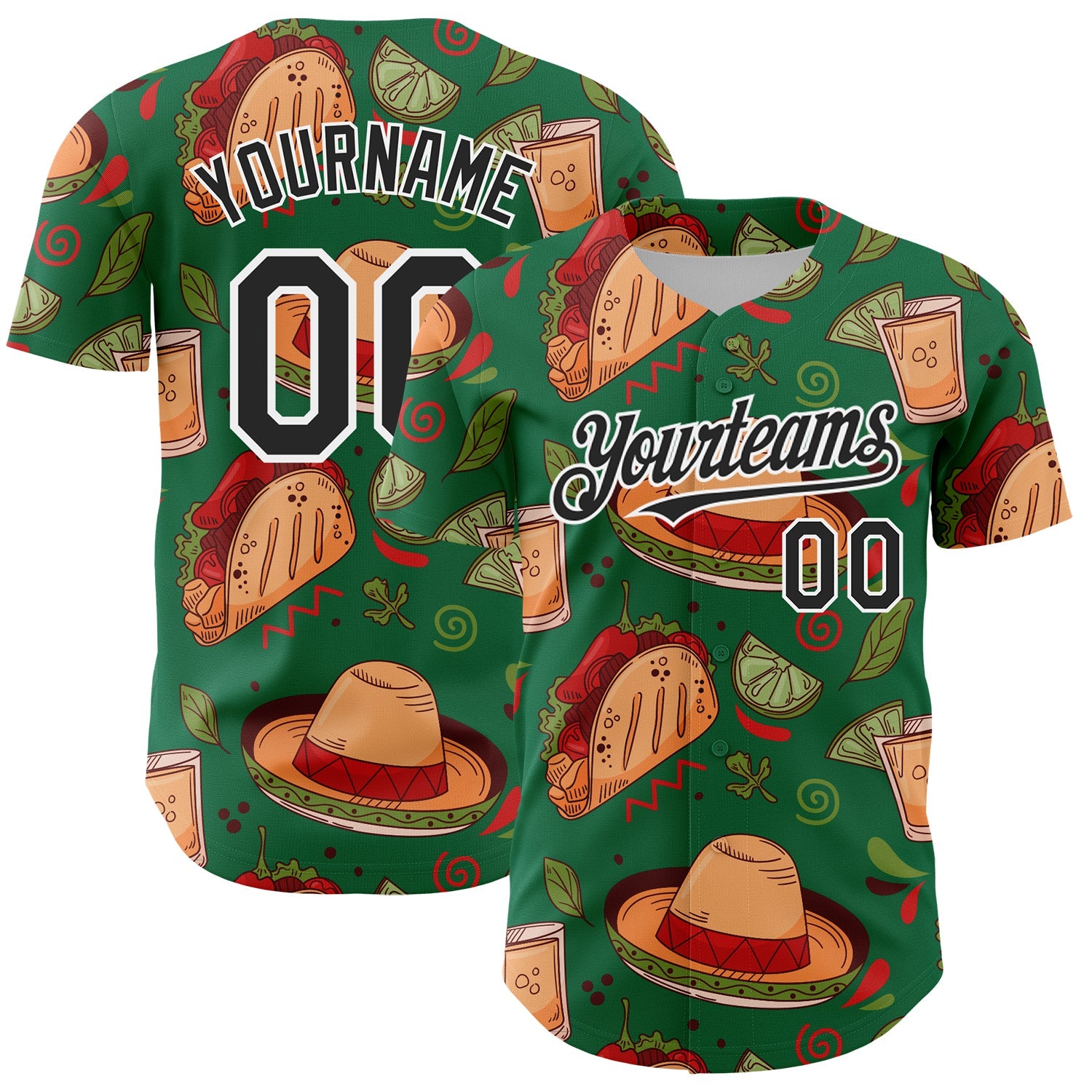 Custom Kelly Green Black-White 3D Mexican Festival Tacos And Sombrero Cinco de Mayo Authentic Baseball Jersey - Sky-Custom