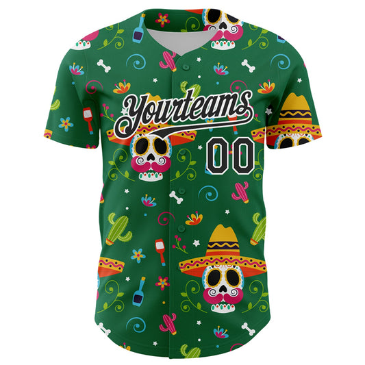 Custom Kelly Green Black-White 3D Mexican Festival Flower Skull With Sombrero Cinco de Mayo Authentic Baseball Jersey - Sky-Custom