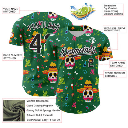 Custom Kelly Green Black-White 3D Mexican Festival Flower Skull With Sombrero Cinco de Mayo Authentic Baseball Jersey - Sky-Custom