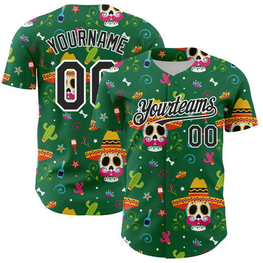 Custom Kelly Green Black-White 3D Mexican Festival Flower Skull With Sombrero Cinco de Mayo Authentic Baseball Jersey - Sky-Custom