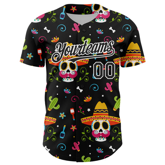 Custom Black White 3D Mexican Festival Flower Skull With Sombrero Cinco de Mayo Authentic Baseball Jersey - Sky-Custom
