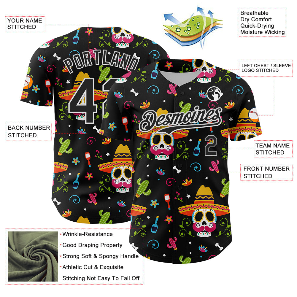 Custom Black White 3D Mexican Festival Flower Skull With Sombrero Cinco de Mayo Authentic Baseball Jersey - Sky-Custom