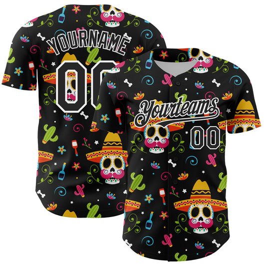 Custom Black White 3D Mexican Festival Flower Skull With Sombrero Cinco de Mayo Authentic Baseball Jersey - Sky-Custom