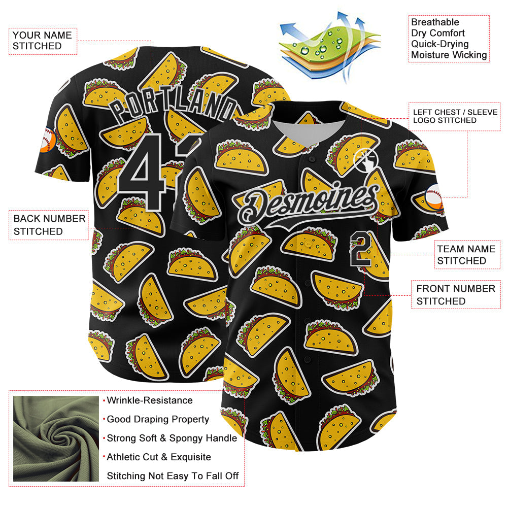 Custom Black White 3D Mexican Festival Taco Cinco de Mayo Authentic Baseball Jersey - Sky-Custom