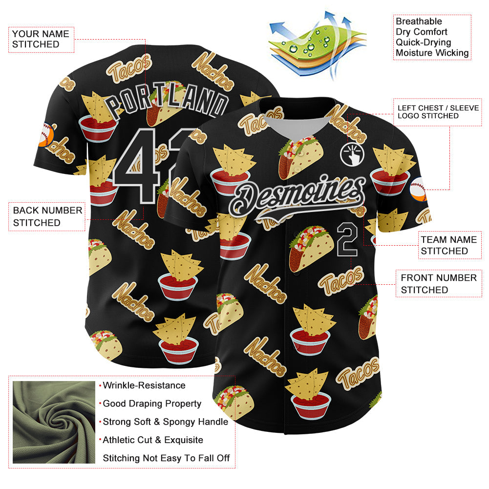 Custom Black White 3D Mexican Festival Nachos And Tacos Cinco de Mayo Authentic Baseball Jersey - Sky-Custom
