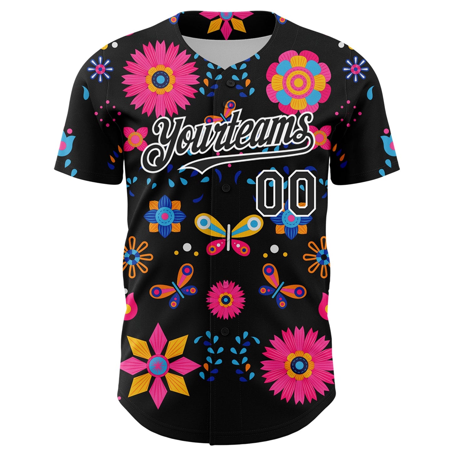 Custom Black White 3D Mexican Festival Flower Cinco de Mayo Authentic Baseball Jersey - Sky-Custom