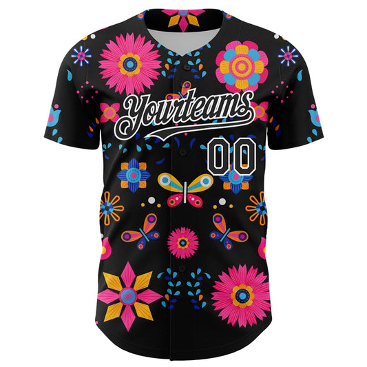 Custom Black White 3D Mexican Festival Flower Cinco de Mayo Authentic Baseball Jersey - Sky-Custom