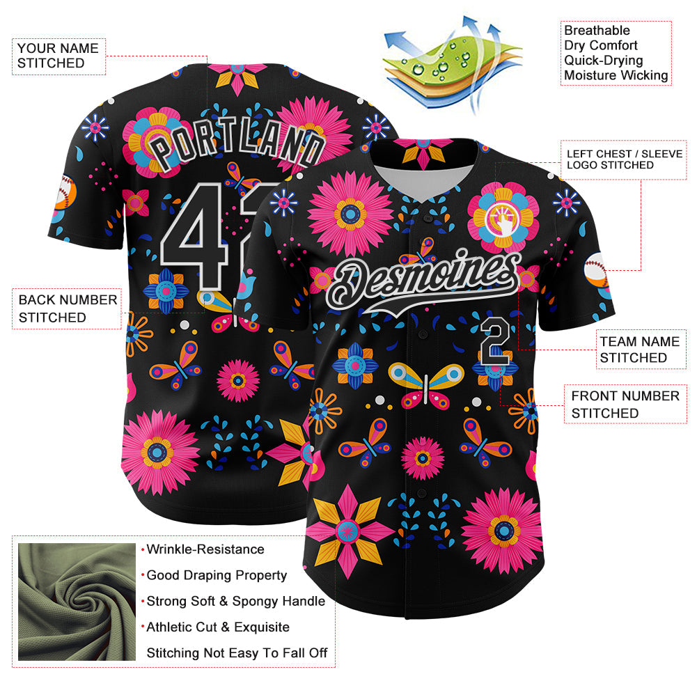 Custom Black White 3D Mexican Festival Flower Cinco de Mayo Authentic Baseball Jersey - Sky-Custom