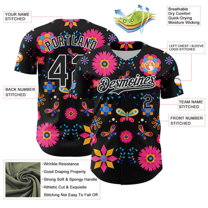 Custom Black White 3D Mexican Festival Flower Cinco de Mayo Authentic Baseball Jersey - Sky-Custom
