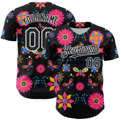 Custom Black White 3D Mexican Festival Flower Cinco de Mayo Authentic Baseball Jersey - Sky-Custom