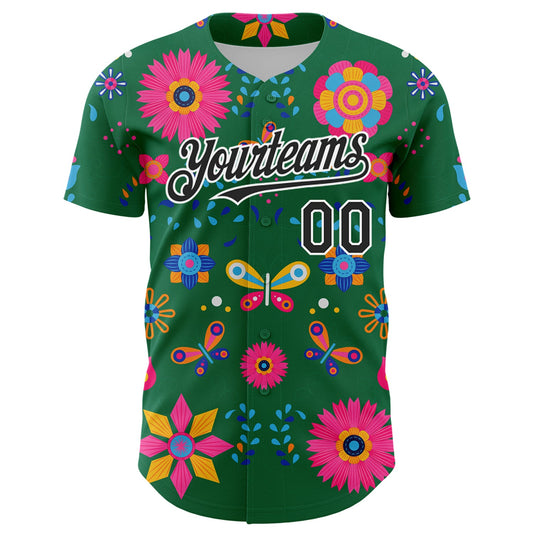 Custom Kelly Green Black-White 3D Mexican Festival Flower Cinco de Mayo Authentic Baseball Jersey - Sky-Custom