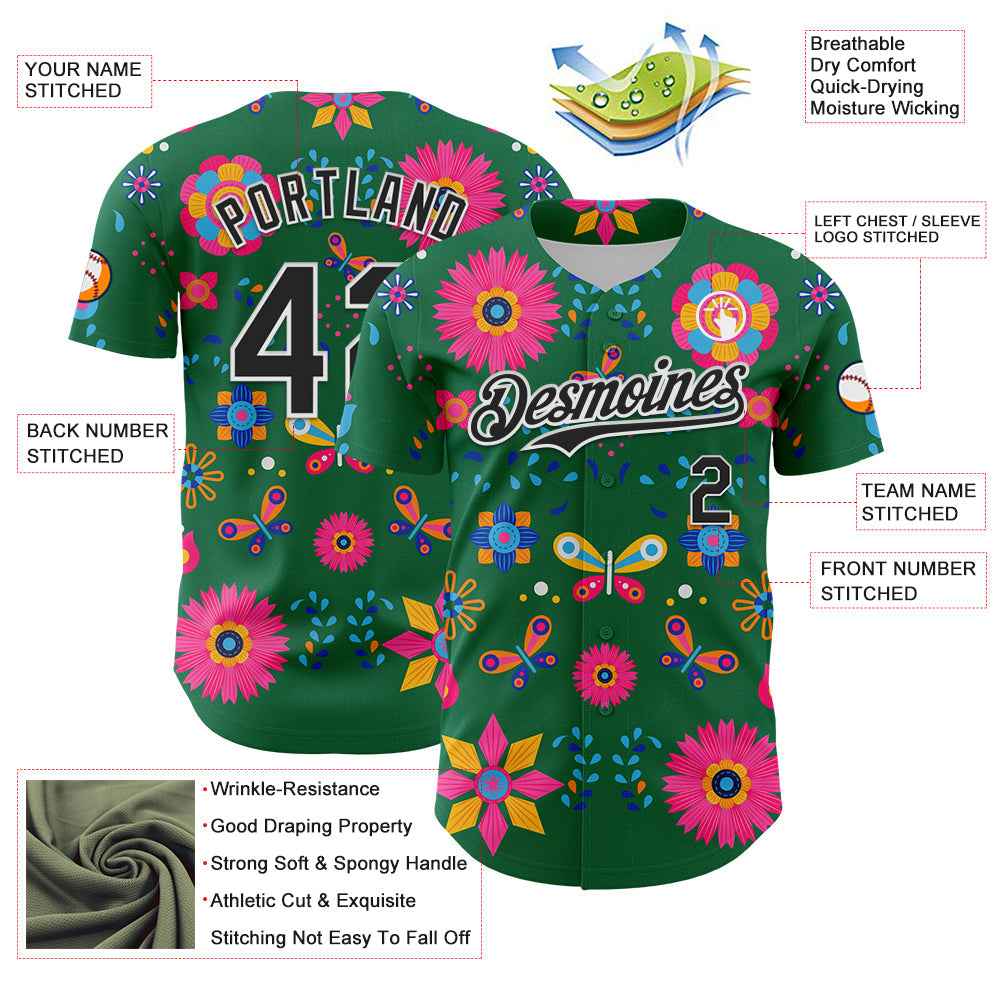 Custom Kelly Green Black-White 3D Mexican Festival Flower Cinco de Mayo Authentic Baseball Jersey - Sky-Custom