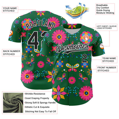 Custom Kelly Green Black-White 3D Mexican Festival Flower Cinco de Mayo Authentic Baseball Jersey - Sky-Custom