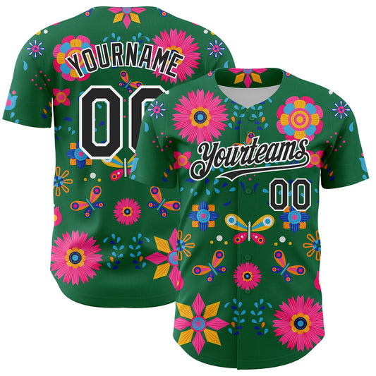 Custom Kelly Green Black-White 3D Mexican Festival Flower Cinco de Mayo Authentic Baseball Jersey - Sky-Custom