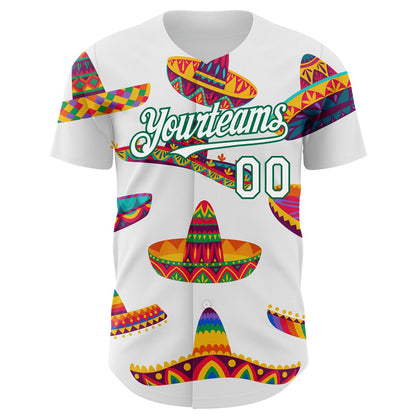 Custom White Kelly Green 3D Mexican Festival Sombrero Cinco de Mayo Authentic Baseball Jersey - Sky-Custom