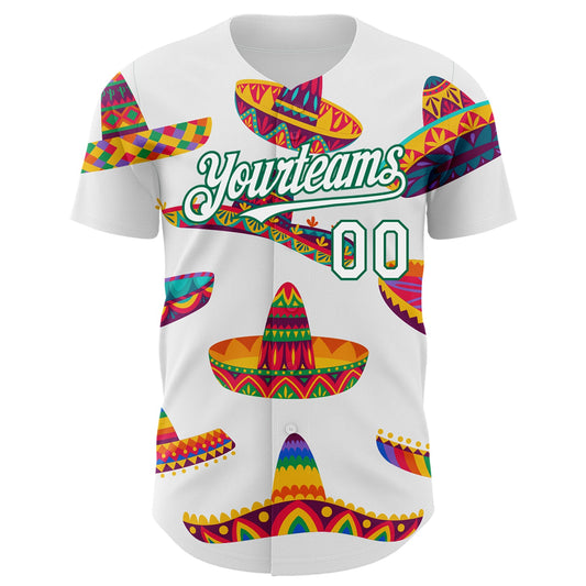 Custom White Kelly Green 3D Mexican Festival Sombrero Cinco de Mayo Authentic Baseball Jersey - Sky-Custom