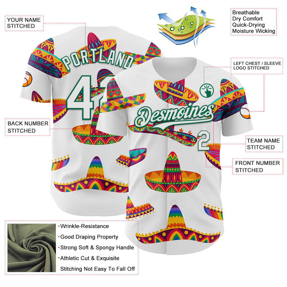 Custom White Kelly Green 3D Mexican Festival Sombrero Cinco de Mayo Authentic Baseball Jersey - Sky-Custom