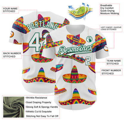 Custom White Kelly Green 3D Mexican Festival Sombrero Cinco de Mayo Authentic Baseball Jersey - Sky-Custom