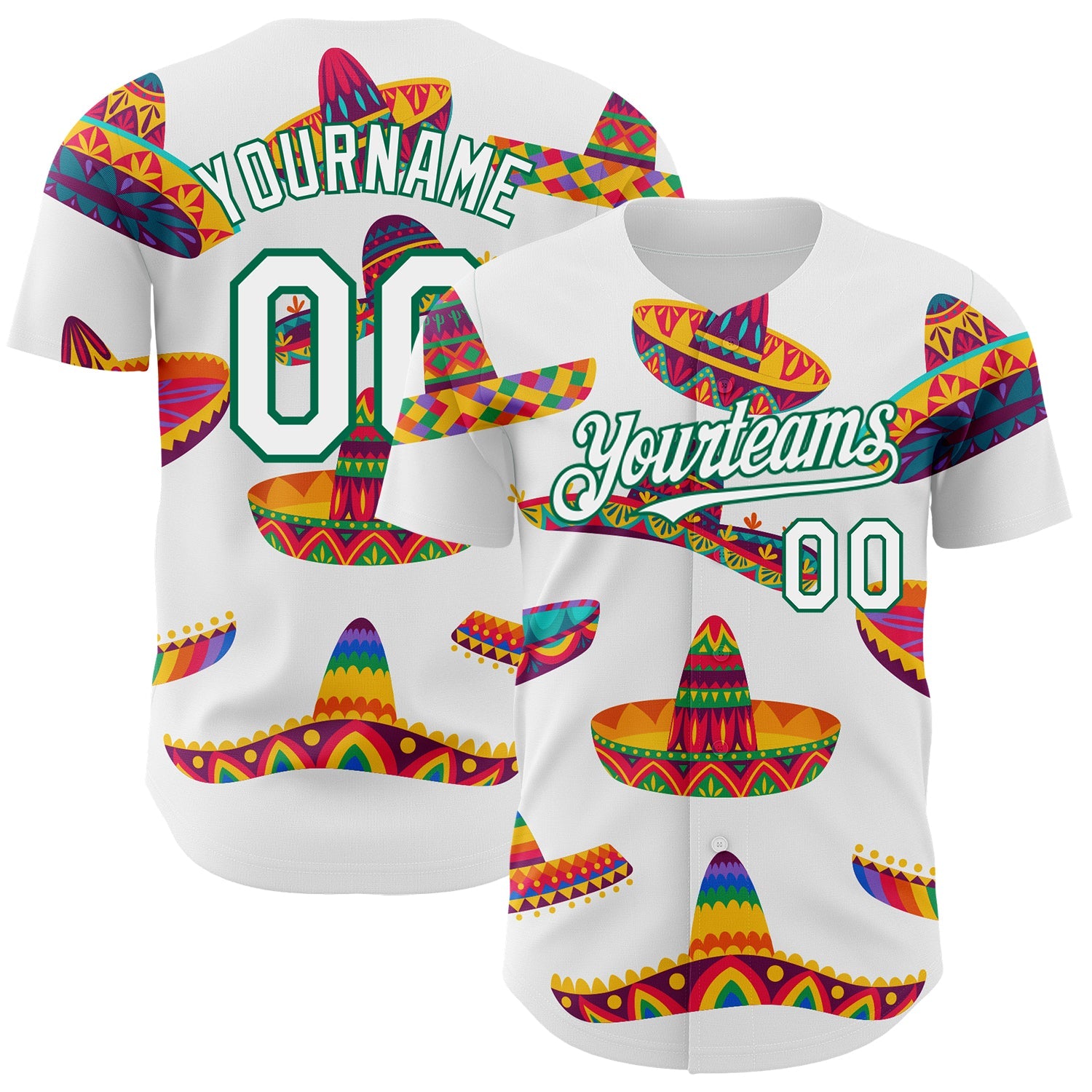 Custom White Kelly Green 3D Mexican Festival Sombrero Cinco de Mayo Authentic Baseball Jersey - Sky-Custom
