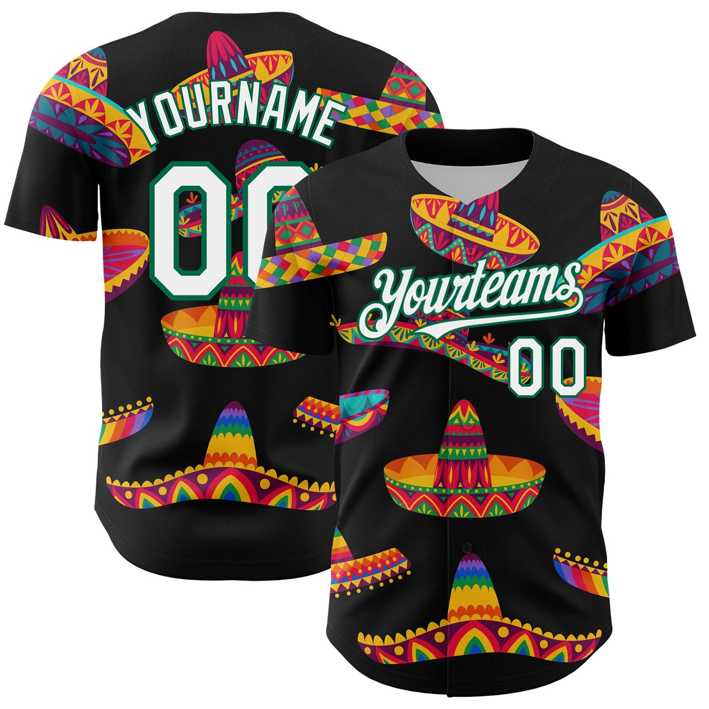 Custom Black White-Kelly Green 3D Mexican Festival Sombrero Cinco de Mayo Authentic Baseball Jersey - Sky-Custom