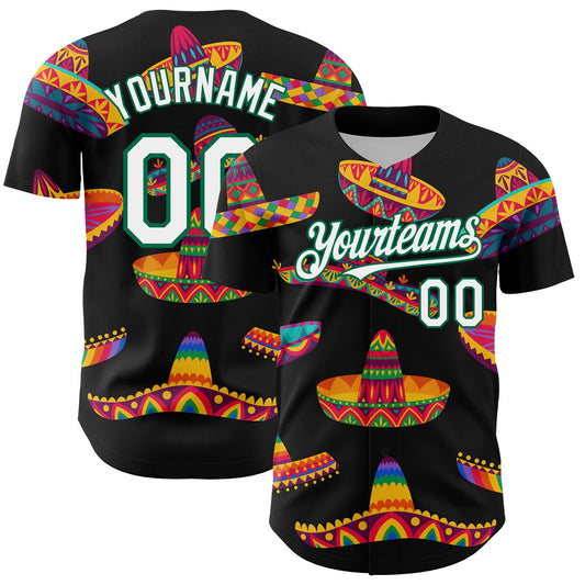 Custom Black White-Kelly Green 3D Mexican Festival Sombrero Cinco de Mayo Authentic Baseball Jersey - Sky-Custom