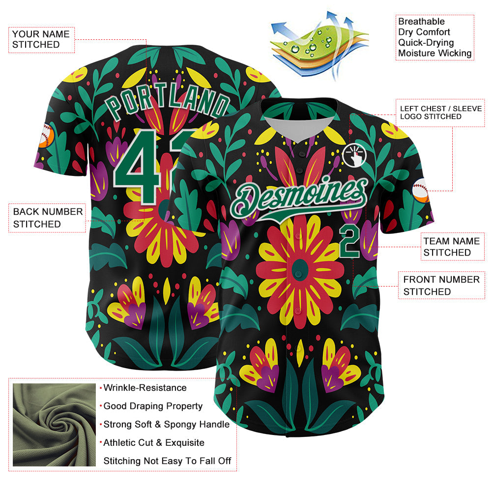 Custom Black Kelly Green-White 3D Mexican Festival Flower Cinco de Mayo Authentic Baseball Jersey - Sky-Custom