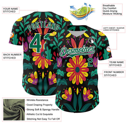 Custom Black Kelly Green-White 3D Mexican Festival Flower Cinco de Mayo Authentic Baseball Jersey - Sky-Custom
