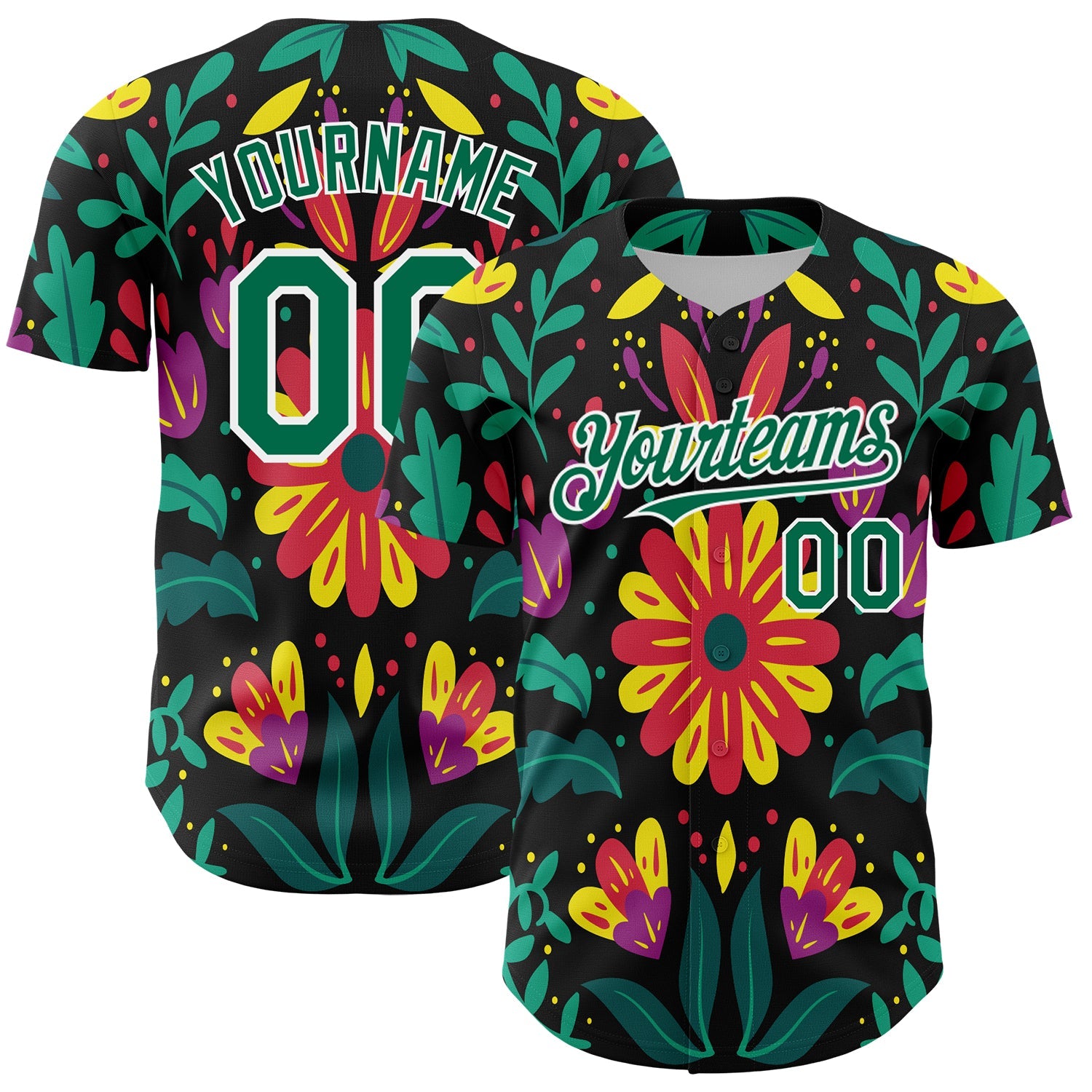 Custom Black Kelly Green-White 3D Mexican Festival Flower Cinco de Mayo Authentic Baseball Jersey - Sky-Custom