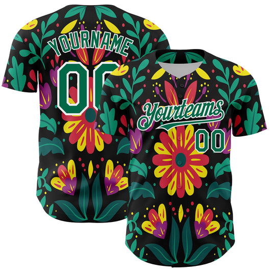 Custom Black Kelly Green-White 3D Mexican Festival Flower Cinco de Mayo Authentic Baseball Jersey - Sky-Custom